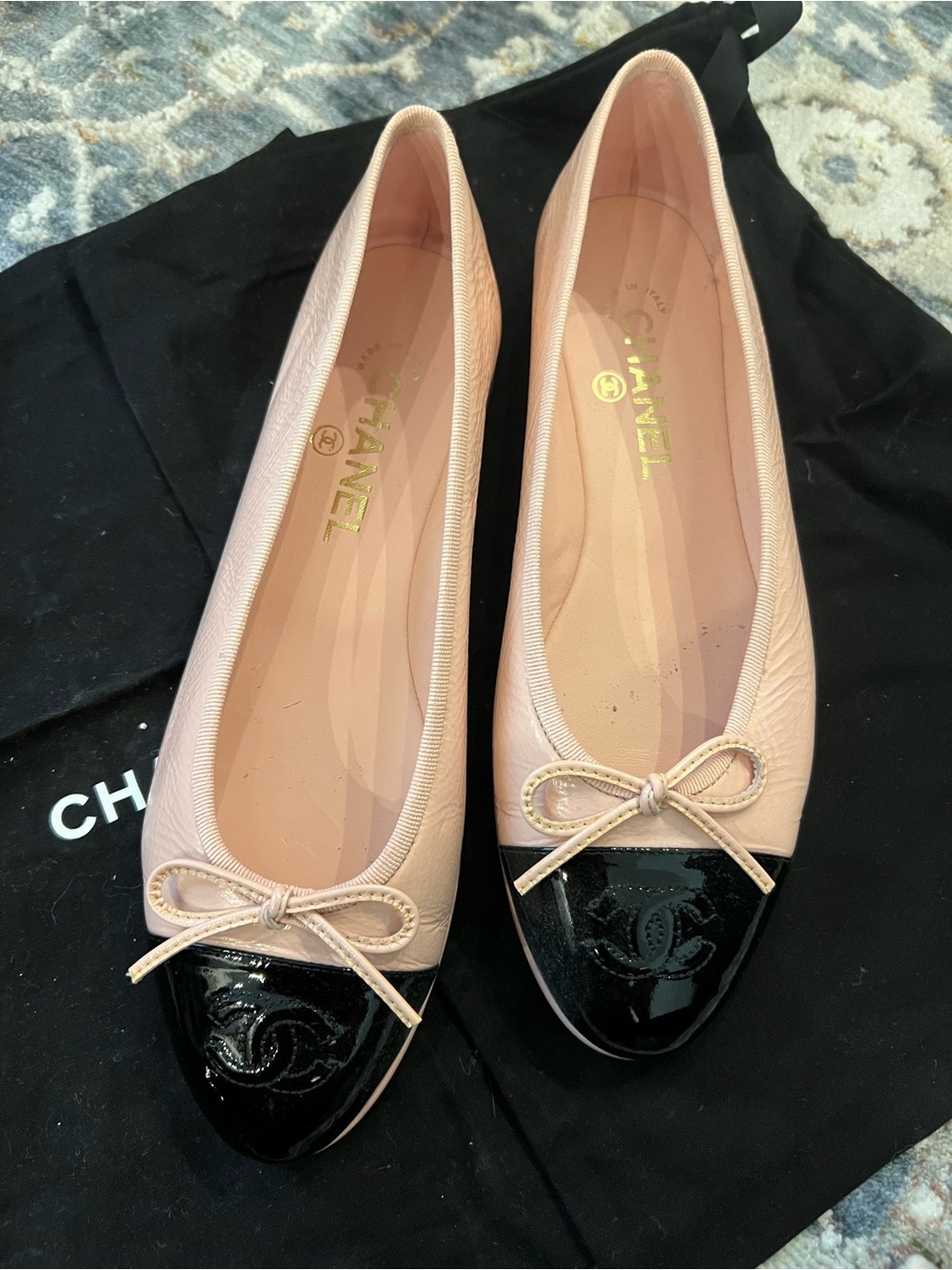 CHANEL Blush Pink Leather Ballet Flats with Black Patent Cap Toe